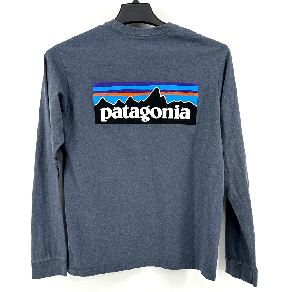 Patagonia Responsibili-Tee Men S Blue Regular Fit Long Sleeve P-6 Logo T-Shirt